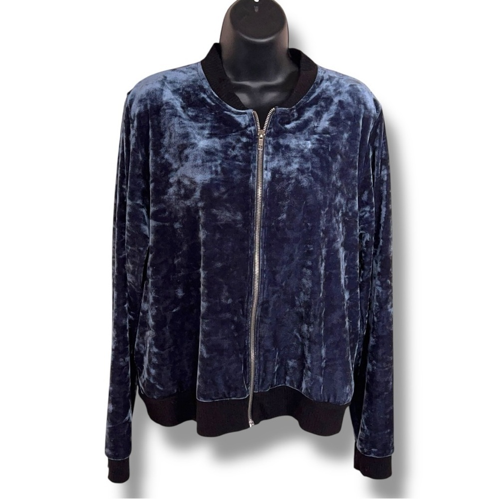 Large Blue Velour Jacket 1804 Brand Zip Closure Stretch Long Sleeve Goth Velvet